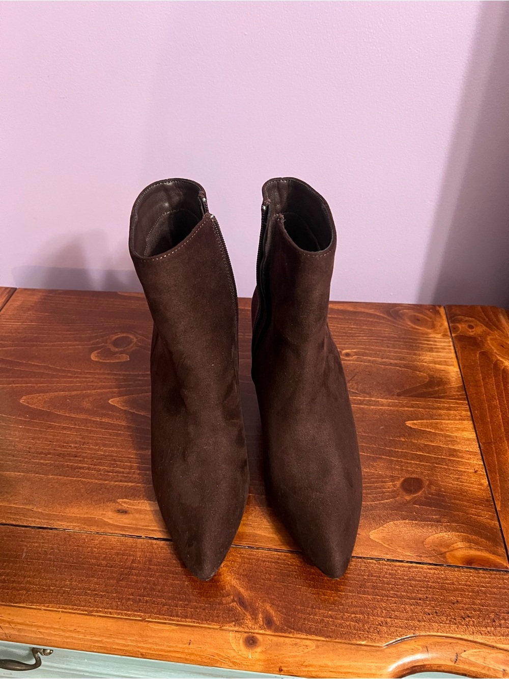 Women's Dark Brown Suede Pointed Toe Ankle Booties with Side Zip